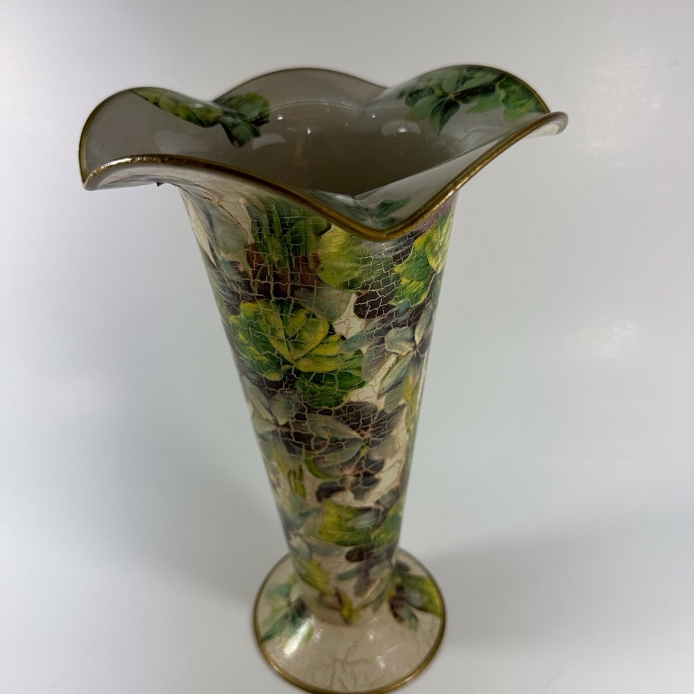 E. Dean Designs Decoupage Green Floral Glass Vase 11” Tall Handmade USA - Picture 3 of 6